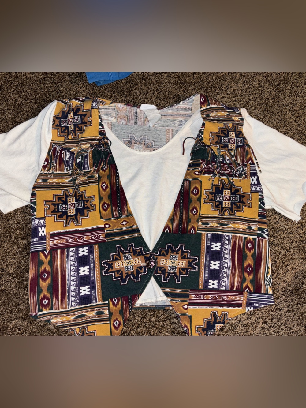 Boho Patchwork Button-Down Vest in Mustard & Forest